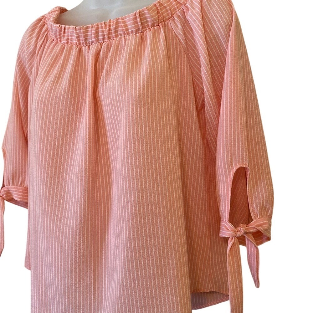 MUST HAVE Women Coral Stripe Off Shoulder Tie Sleeve‎ Blouse Top - Picture 3 of 9